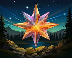a colorful star in the middle of a forest with mountains in the background generative ai photo