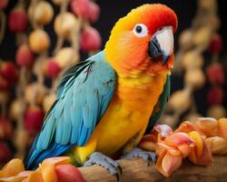 a colorful parrot is sitting on a branch generative ai photo