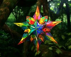 a colorful star is hanging from a tree in the forest generative ai photo