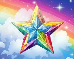 a colorful star on a rainbow background with clouds in the background generative ai photo