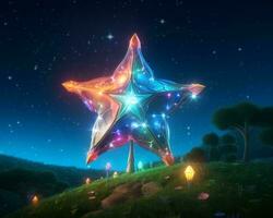 a colorful star on top of a hill at night generative ai photo