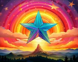 a colorful star on top of a mountain with a rainbow in the background generative ai photo