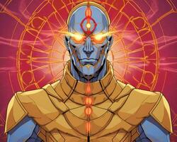 a comic book cover with an image of a blue man with glowing eyes generative ai photo