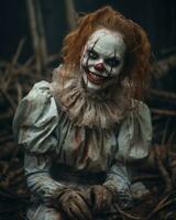 a creepy clown sitting in the woods with blood on her face generative ai photo