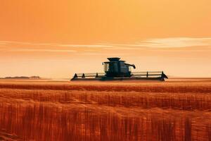 un combinar segador en un trigo campo a puesta de sol generativo ai foto