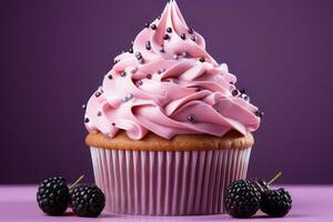 a cupcake with pink frosting and blackberries on a purple background generative ai photo