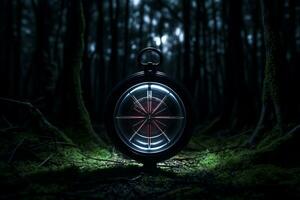 a compass sits in the middle of a dark forest generative ai photo