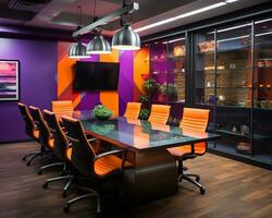 a conference room with purple and orange walls generative ai photo