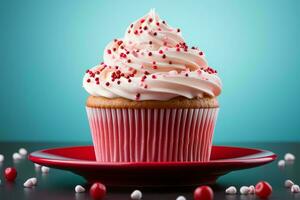 un magdalena con blanco Crema y asperja en un rojo plato generativo ai foto