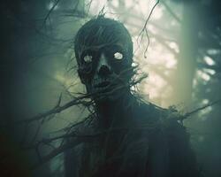 a creepy looking skeleton in the woods generative ai photo