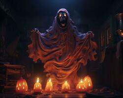 a creepy halloween ghost in a dark room with candles and pumpkins generative ai photo