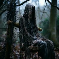 a creepy ghost sitting on a bench in the woods generative ai photo