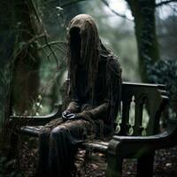 a creepy person sitting on a bench in the woods generative ai photo