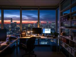 a desk with a computer and a chair in front of a window with a view of the city generative ai photo