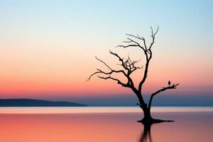 a dead tree in the middle of a lake at sunset generative ai photo