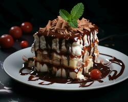 un postre con chocolate y azotado crema en un blanco plato generativo ai foto