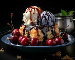 un postre coronado con hielo crema y cerezas generativo ai foto