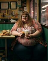 a fat woman sitting at a table with a cup of coffee and a hamburger generative ai photo