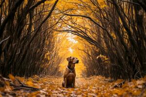 un perro sentado en el medio de un otoño bosque generativo ai foto
