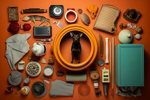 un perro es sentado en un naranja circulo rodeado por varios artículos generativo ai foto