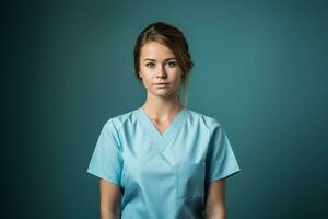 a female nurse in blue scrubs on a dark background generative ai photo