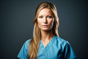 a female nurse in blue scrubs on a dark background generative ai photo