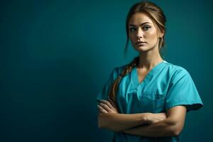 a female nurse in blue scrubs standing with her arms crossed generative ai photo