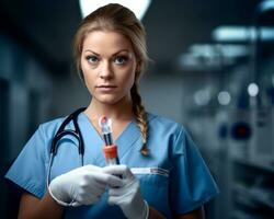 a female nurse holding a syringe in her hand generative ai photo