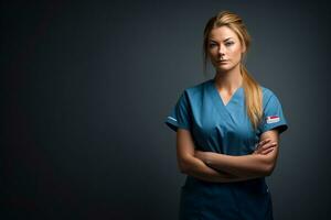 a female nurse in blue scrubs standing with her arms crossed generative ai photo