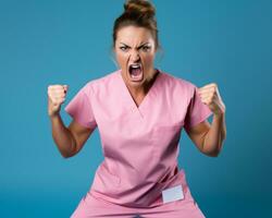 a female nurse in pink scrubs is screaming generative ai photo