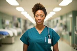 a female nurse in scrubs standing in a hospital hallway generative ai photo