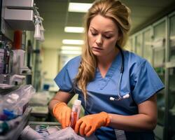 a female nurse in blue scrubs and orange gloves is working in a lab generative ai photo