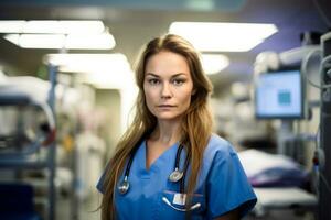 a female nurse in scrubs standing in a hospital room generative ai photo