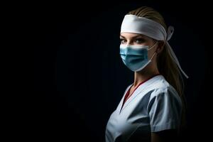 un hembra enfermero vistiendo un quirúrgico máscara en un negro antecedentes generativo ai foto