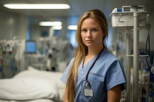 a female nurse in scrubs standing in front of a hospital bed generative ai photo