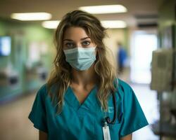 a female nurse wearing a surgical mask in a hospital hallway generative ai photo