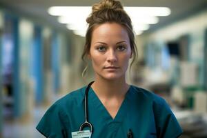 a female nurse in scrubs standing in an empty hallway generative ai photo