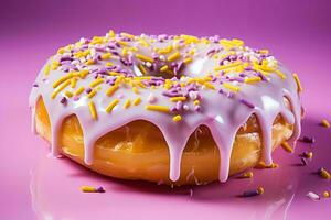 a frosted donut with sprinkles on a pink background generative ai photo