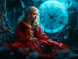 a girl in a red coat sitting in front of a clock generative ai photo