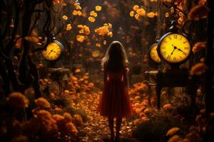 a girl in a red dress walks through a forest with clocks generative ai photo