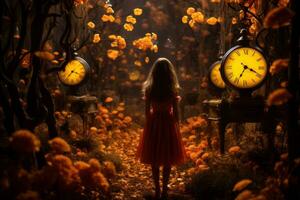 a girl in a red dress walks through a forest with clocks generative ai photo