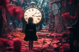 un niña soportes en frente de un grande reloj en un bosque generativo ai foto