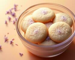 a glass bowl filled with cookies and lavender flowers generative ai photo