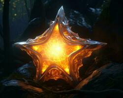a glowing star on a rock in the woods generative ai photo