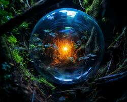 a glowing light inside a bubble in the woods generative ai photo