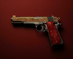 a gold and red gun on a red background generative ai photo