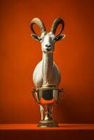 a goat standing next to a trophy on an orange background generative ai photo