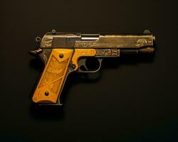 un oro de colores pistola en un negro antecedentes generativo ai foto