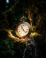 un oro bolsillo reloj sentado en el medio de un bosque generativo ai foto