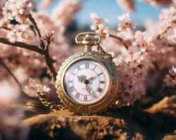 a gold pocket watch sitting on top of a tree with pink blossoms generative ai photo